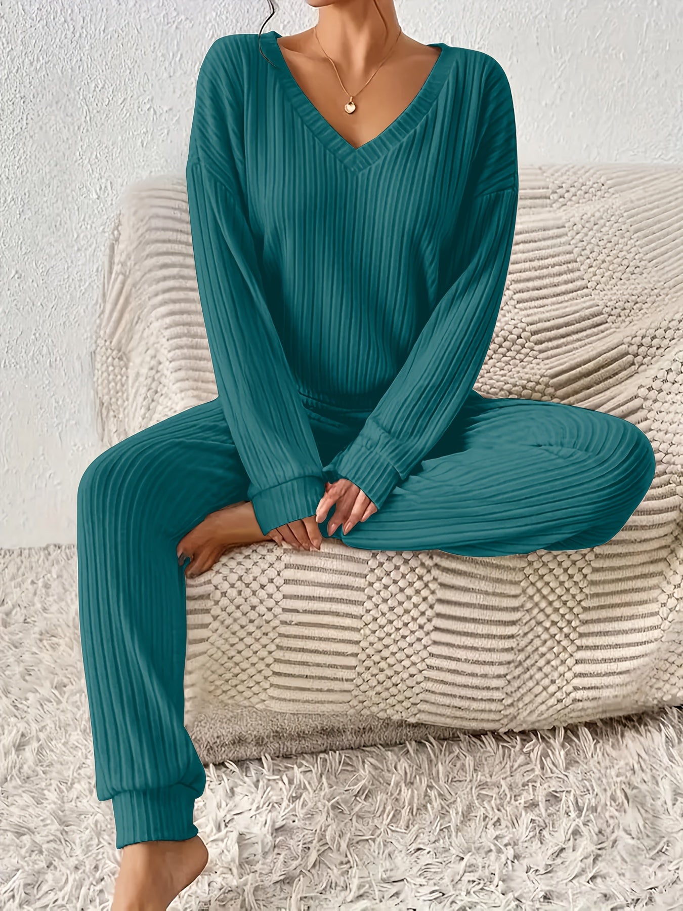 Women’s Knit Jumpsuit | V-Neck Long Sleeve | Cozy Fall Winter Wear | Polyester