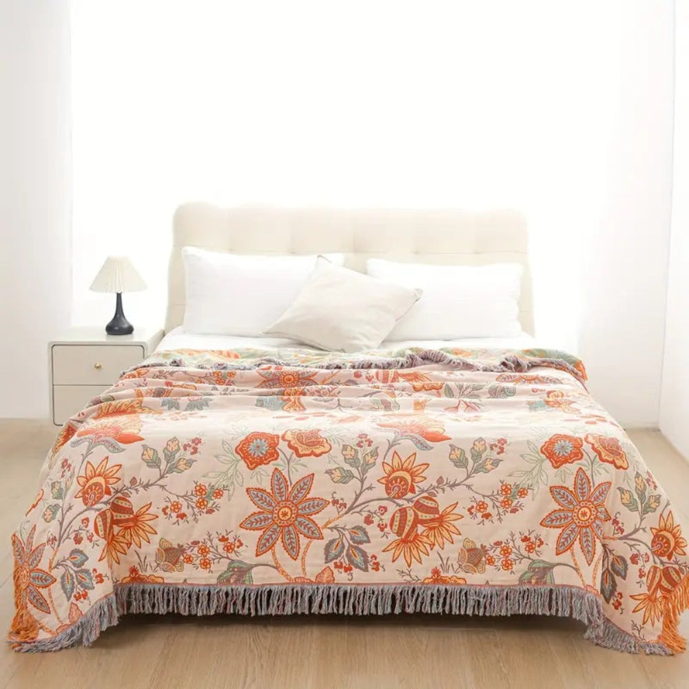 Melara — Soft Cotton Boho Floral Throw Blanket with Fringed Edges