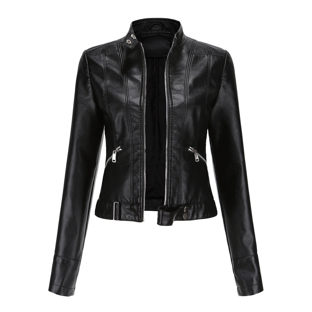 Women's Leather Moto Jacket | Cropped Biker Style | Faux Leather & Adjustable Waist Belt | Versatile Outerwear