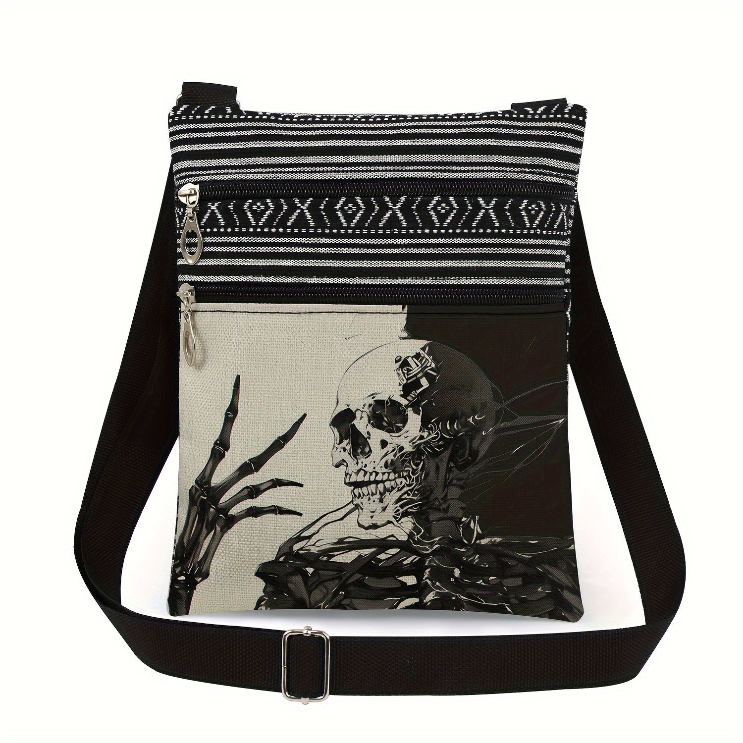Gothic Skull and Bat Print Shoulder Bag Lightweight Halloween Accessory