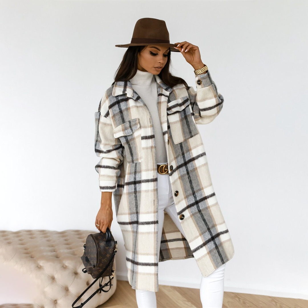 Women’s Longline Coat | Plaid Pattern | Wool Blend & Front Button Closure | Versatile Fall Outerwear