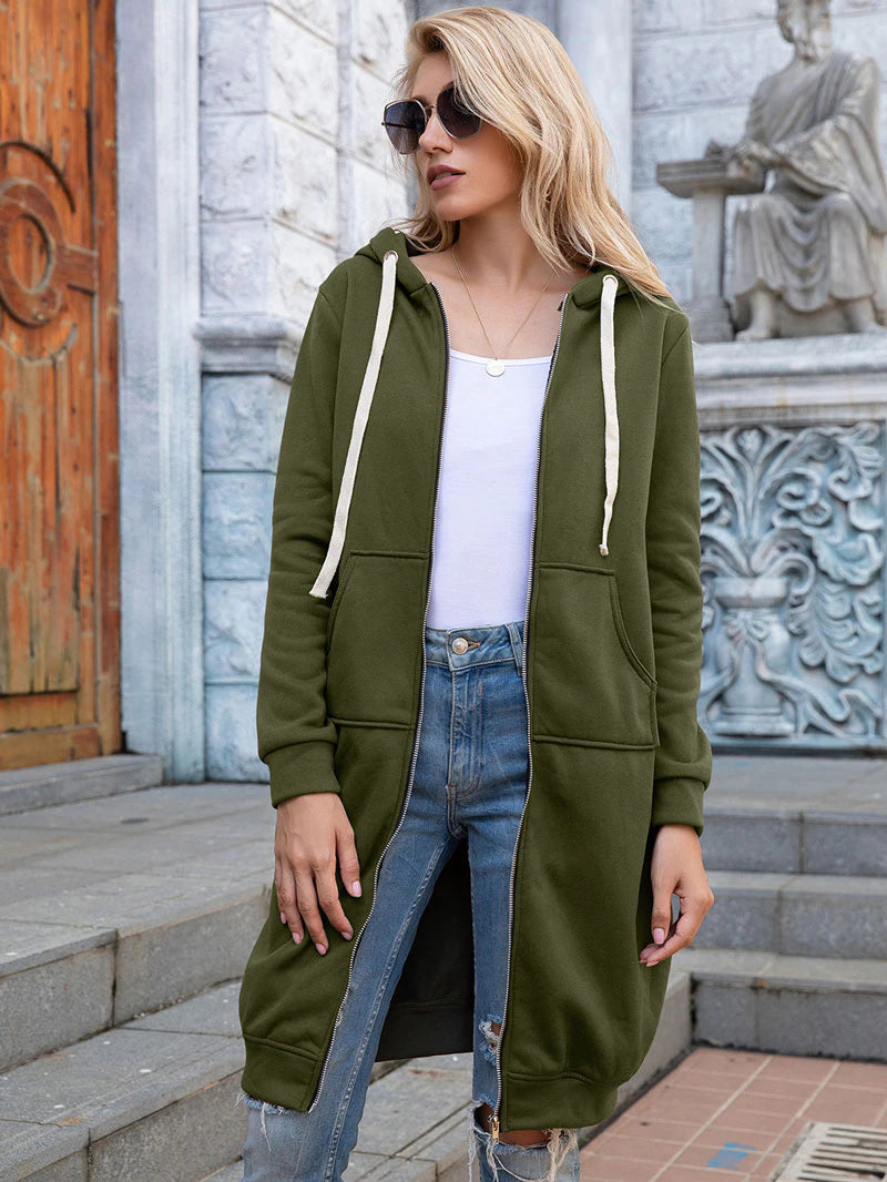 Longline Hooded Sweatshirt Coat | Zipper & Pockets | Polyester Fabric | Winter Warmth