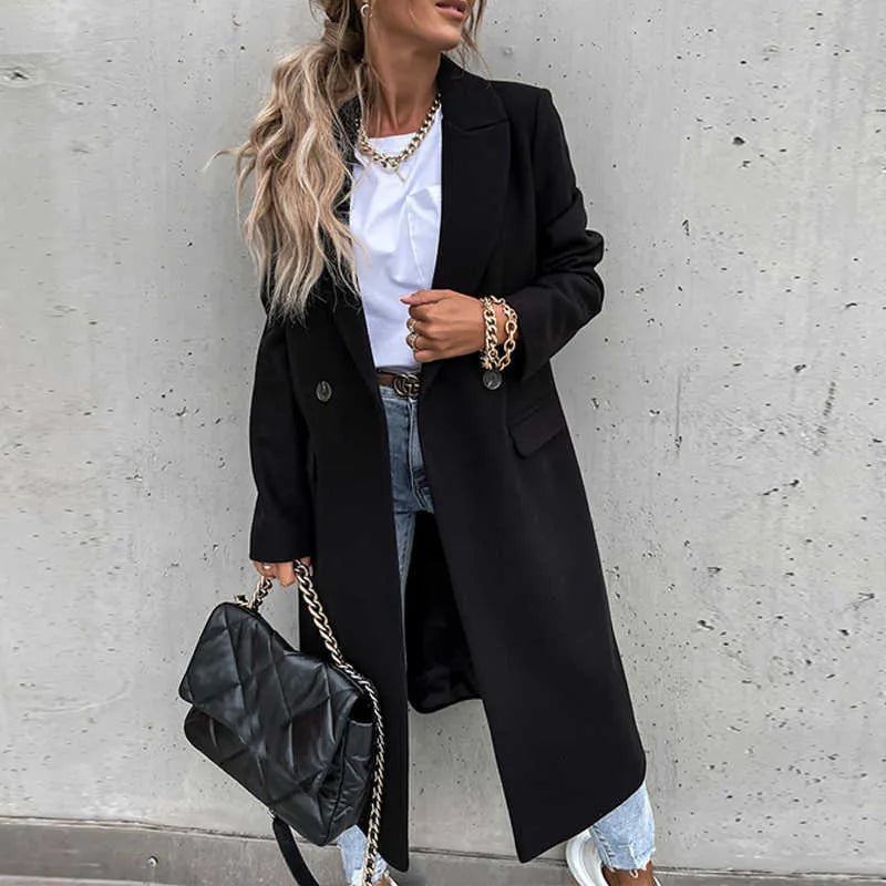 Women’s Long Double-Breasted Overcoat | Warm Polyester Fabric | Classic Lapels & Flap Pockets | Below Knee Length