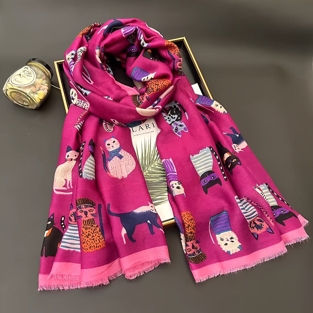 Cat Print Scarf | Lightweight | Breathable and Warm | Viscose