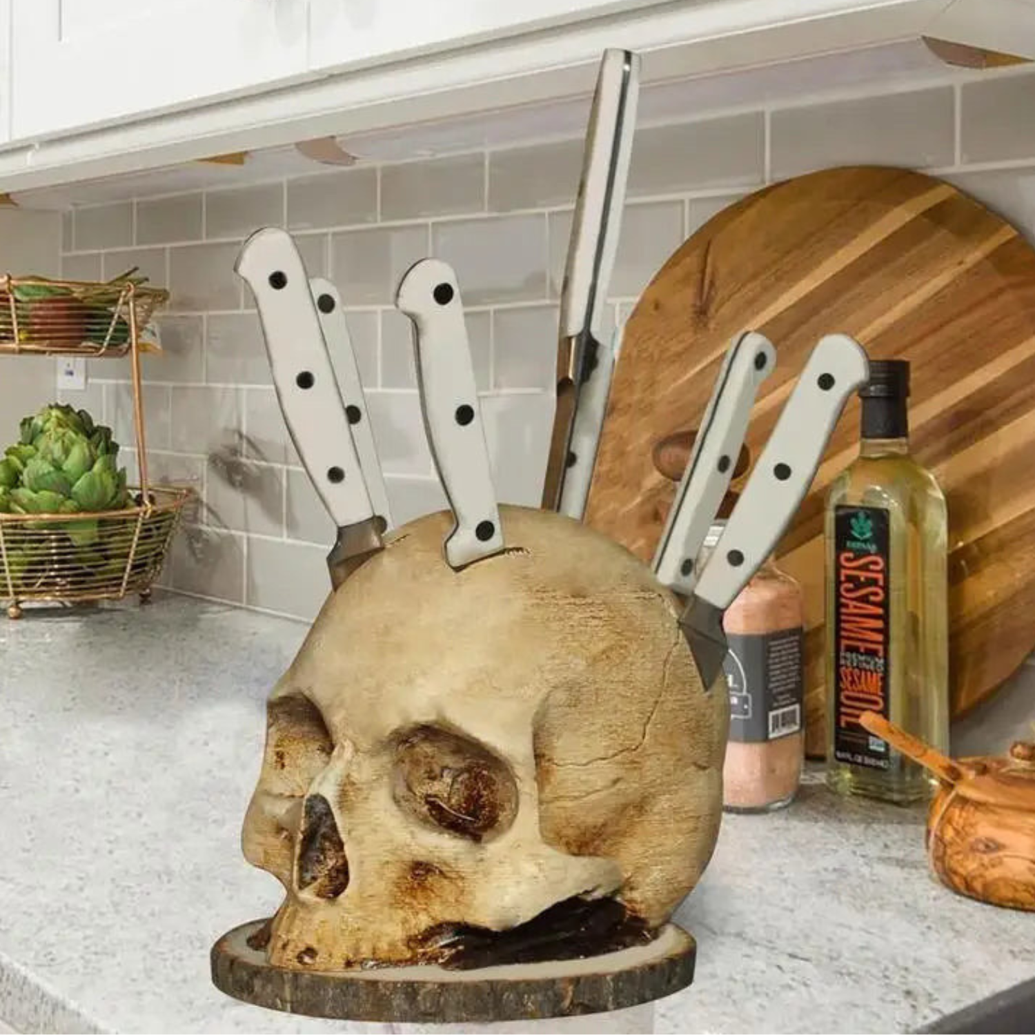 Halloween Skull Knife Holder Resin Kitchen Decor