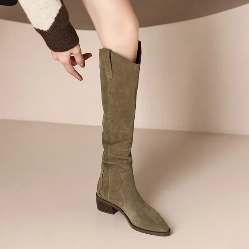 Women’s Knee-High Boots | Vintage Suede with Ruffle Details | Block Heel & Almond Toe | Comfortable Fit