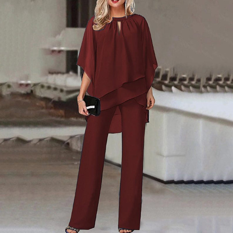 Women’s Two-Piece Set | Layered Top & Wide-Leg Pants | Polyester Cotton Blend | Comfortable Fit