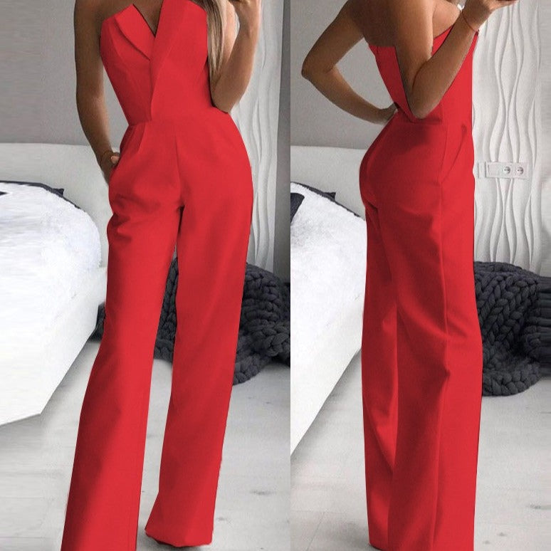 Women’s Sleeveless Wide-Leg Jumpsuit | Plunging Neckline | Polyester Fiber | Comfortable Fit