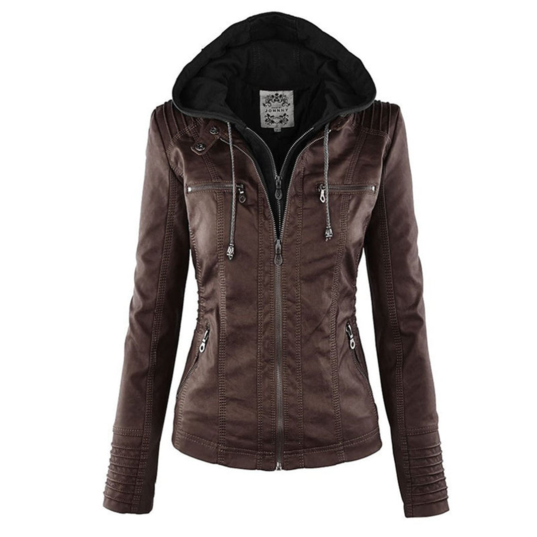 Women’s Weatherproof Leather Jacket | Detachable Hood & Zip Closure | Durable Polyester Fiber | Comfortable Fit