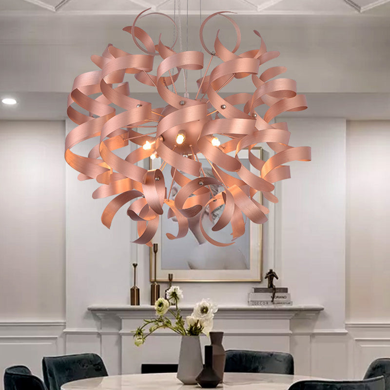 Taavita Spiral Band Form Hanging Light Kit Modern 6-Bulb Copper Finish LED Chandelier Lighting for the Restaurant