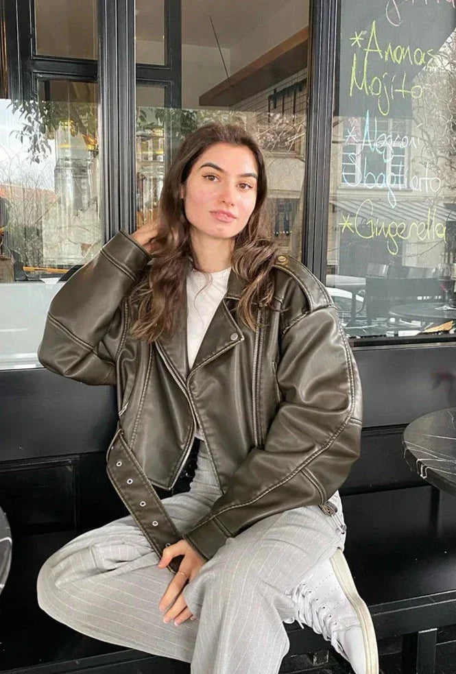 Women's Cropped Faux Leather Biker Jacket | Adjustable Belt & Silver Accents | Versatile Streetwear