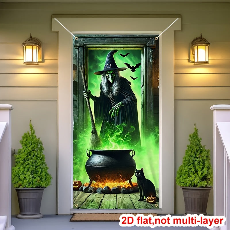 Glow-in-the-Dark Halloween Door Banner with Witch and Cat Design