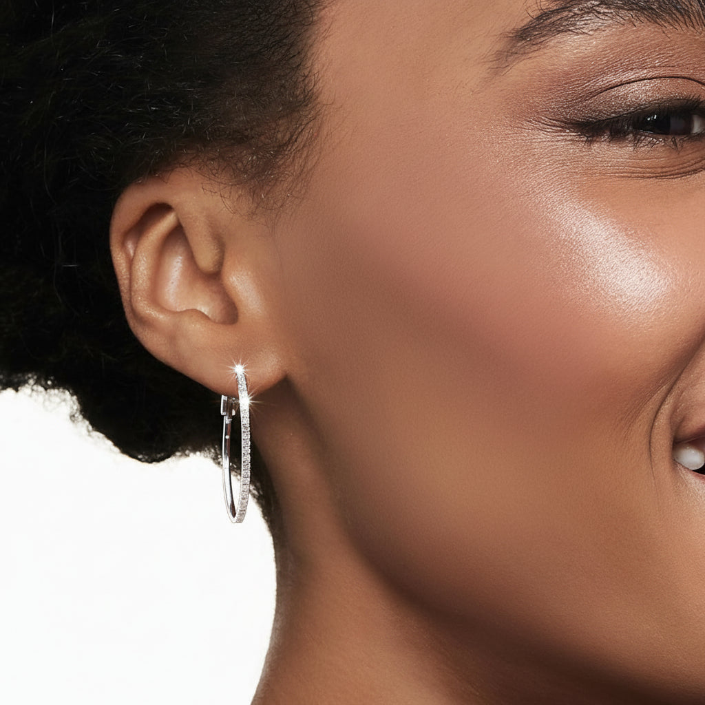 Elegant Oval Diamond Accent Hoop Earrings in Silver