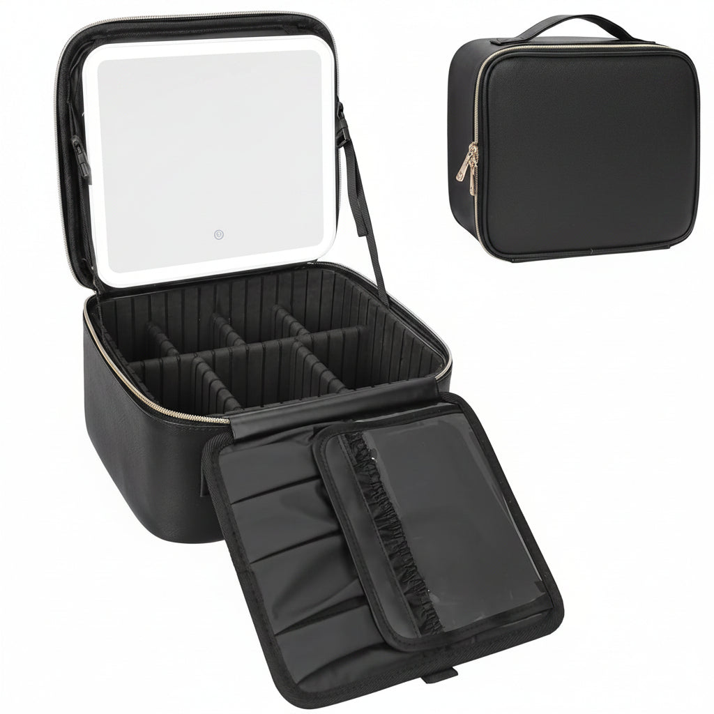 Portable Cosmetic Organizer with LED Mirror for Travel
