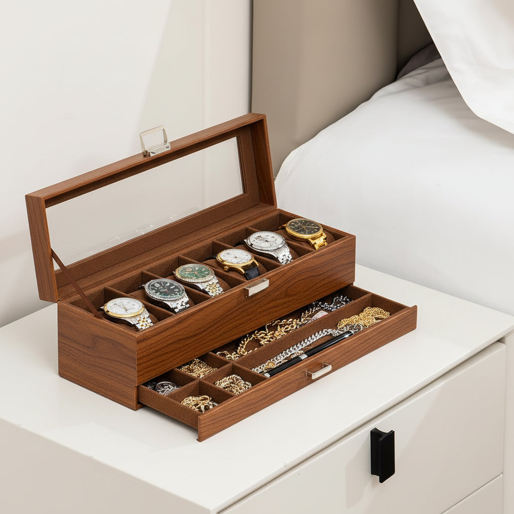 Elegant Dual-Layer Watch Storage Box with Drawer and Glass Top
