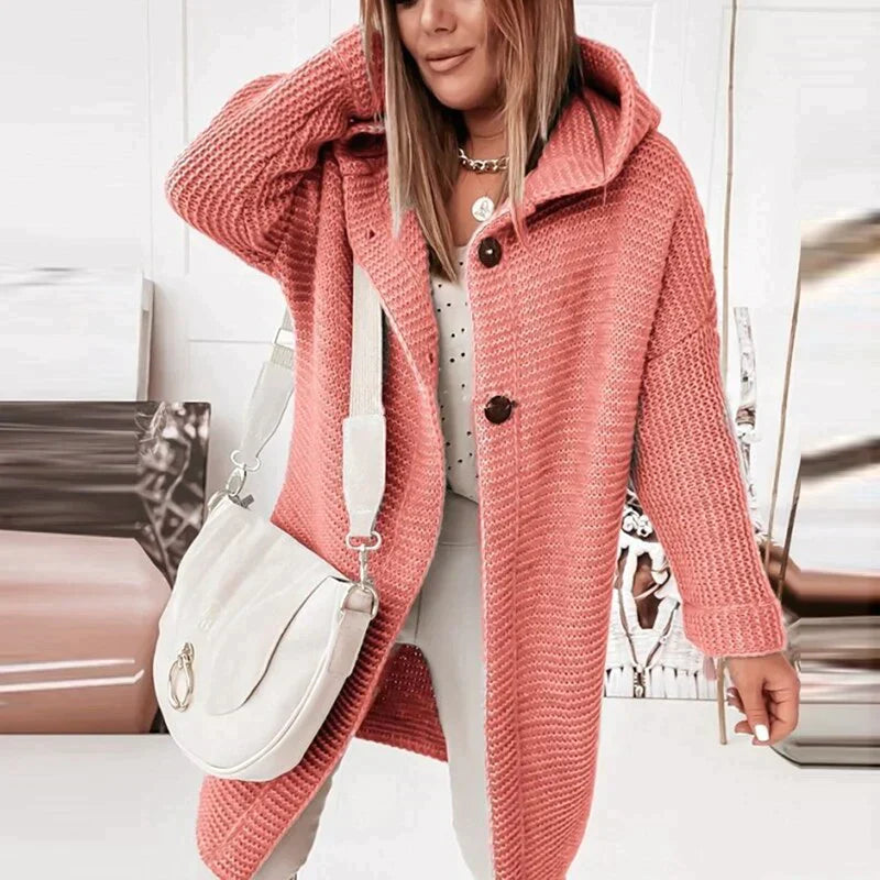 Women’s Hooded Long Knit Cardigan | Oversized Cozy Knit | Buttoned Front | Comfortable Fit