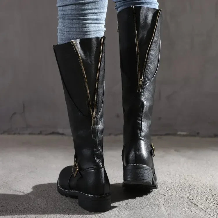 Women’s Knee-High Leather Boots | Adjustable Strap & Zipper Closure | Non-Slip Sole | Comfortable Fit