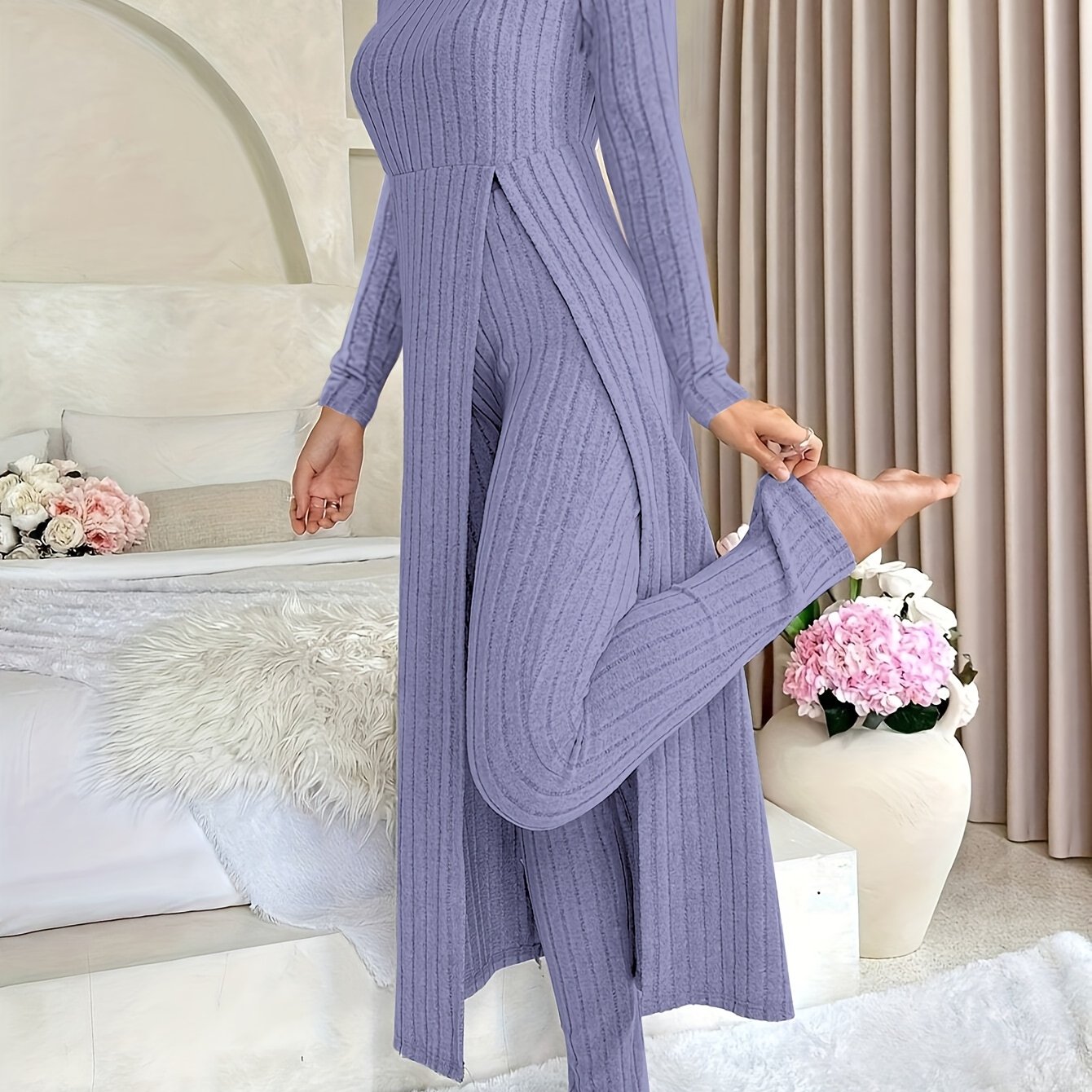 Women’s Lounge Set | Ribbed Long Sleeve | Comfortable Casual Wear | Stretch Fabric