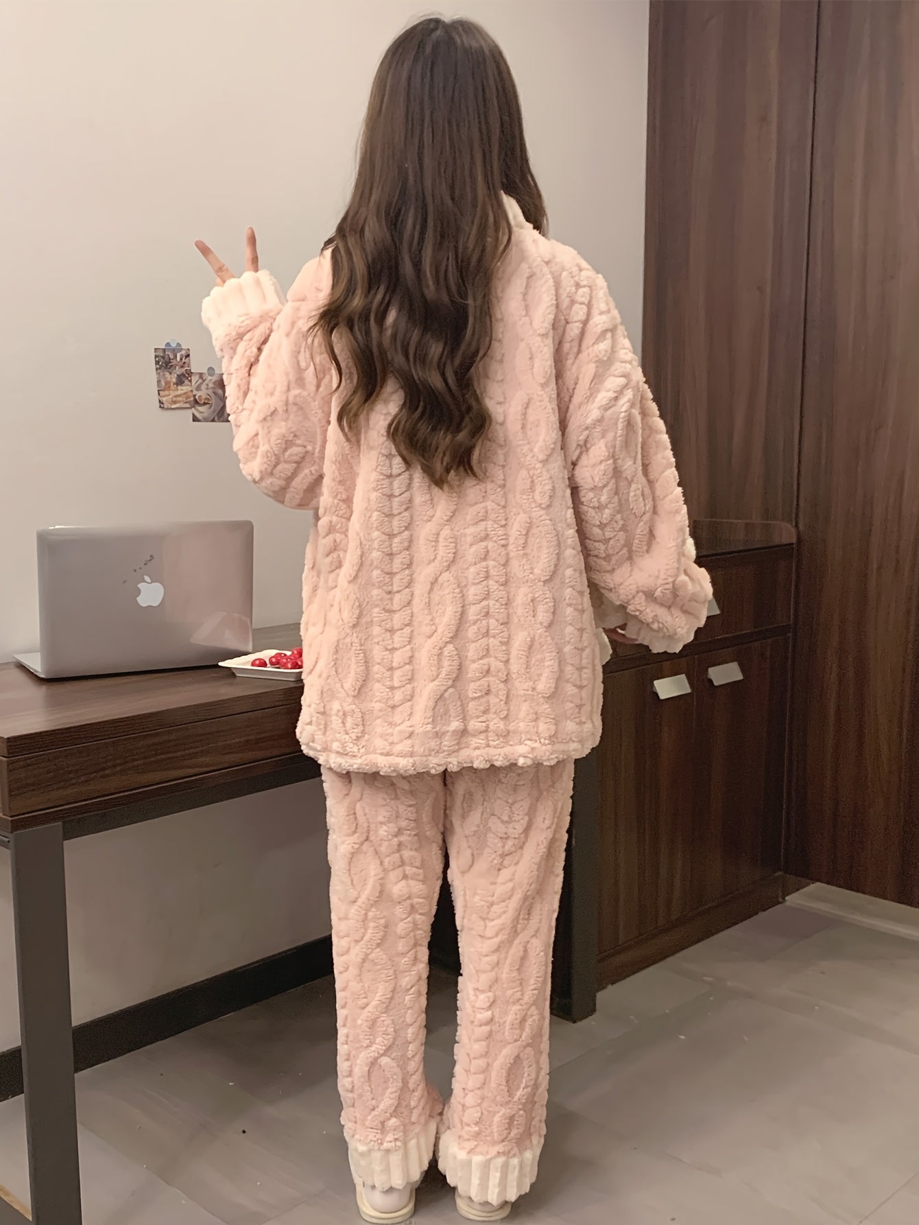 Fleece Lounge Set | V-Neck Button Top | Cozy Winter Warmth | Polyester