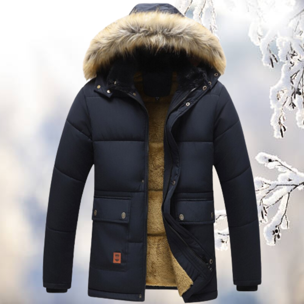 Men’s Hooded Winter Parka | Windproof & Fur-Lined Hood | Cotton-Polyester Blend | Cold Weather Protection