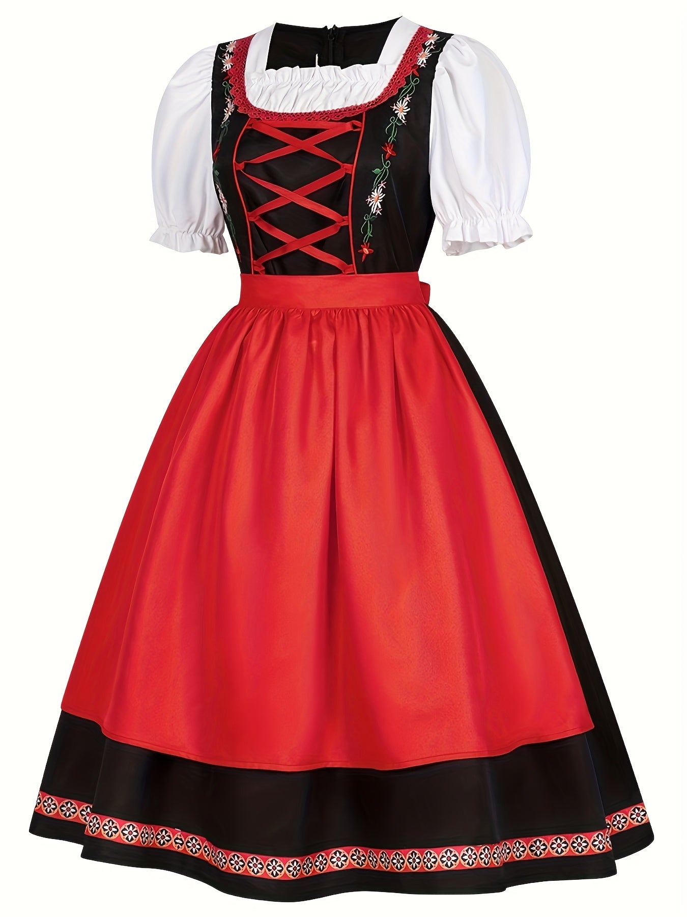 Women's Oktoberfest Dress with Puff Sleeves and Embroidered Apron