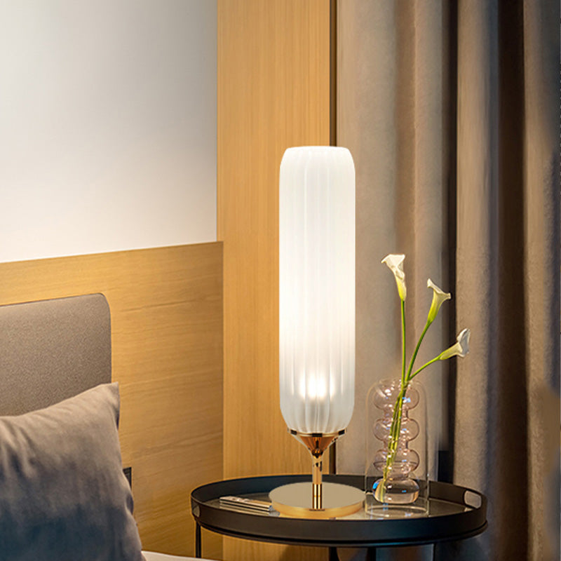 White Ribbed Glass Cylinder Night Table Light Postmodern LED Gold Desk Lamp for Bedside Clearhalo 'Lamps' 'Table Lamps' Lighting' 758990