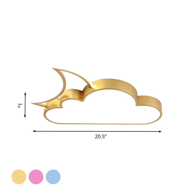 Kids LED Flush Mount Lamp with Pink/Gold/Blue Crescent Hiding Behind a Cloud Ceiling Fixture and Acrylic Shade