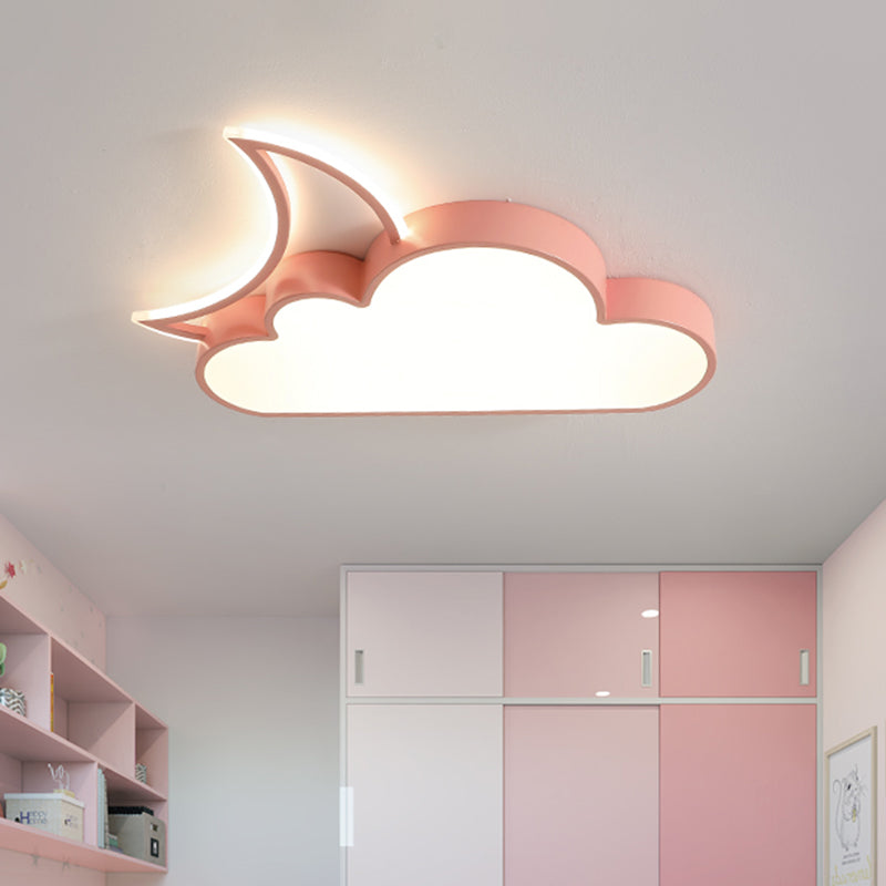 Kids LED Flush Mount Lamp with Pink/Gold/Blue Crescent Hiding Behind a Cloud Ceiling Fixture and Acrylic Shade