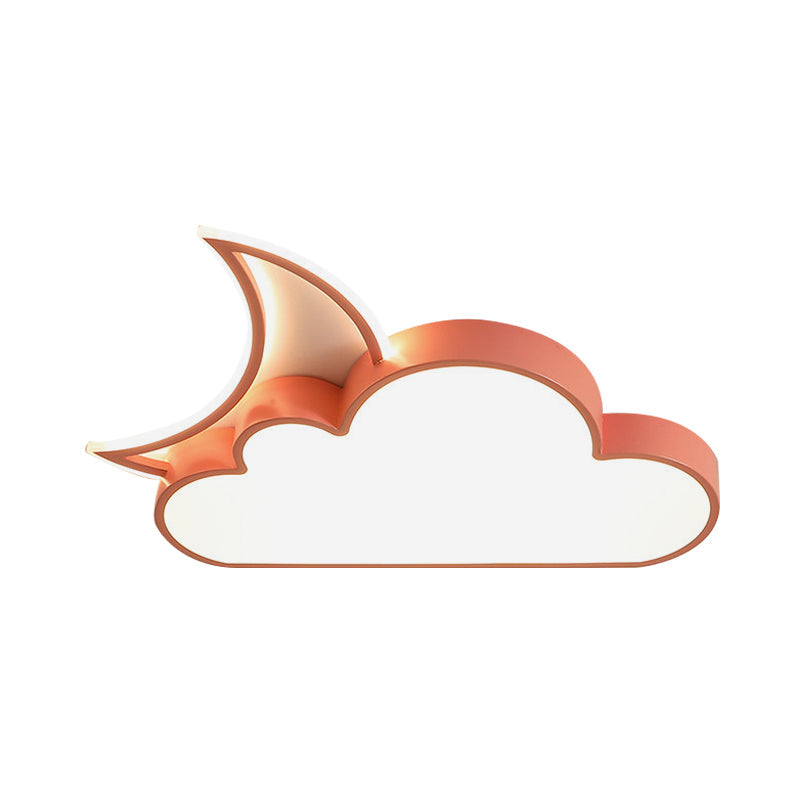 Kids LED Flush Mount Lamp with Pink/Gold/Blue Crescent Hiding Behind a Cloud Ceiling Fixture and Acrylic Shade