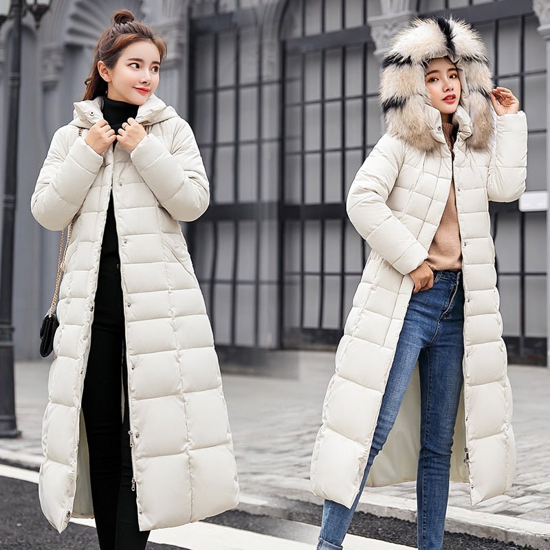 Women's Long Puffer Coat | Fur-Trimmed Hood & Belted Waist | Quilted Insulation | Comfortable Winter Wear