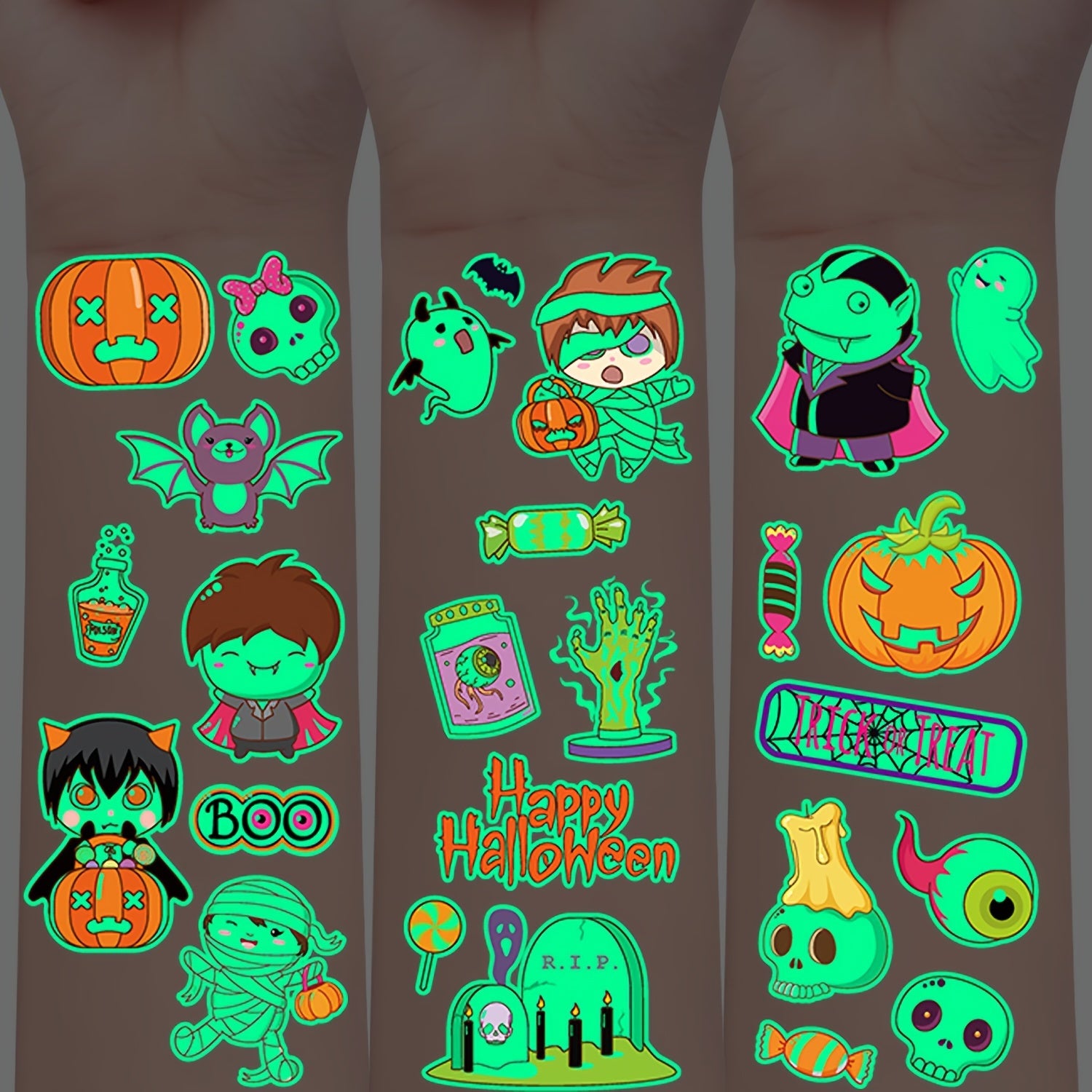 Glow-in-the-Dark Halloween Temporary Tattoos Waterproof Spooky Designs