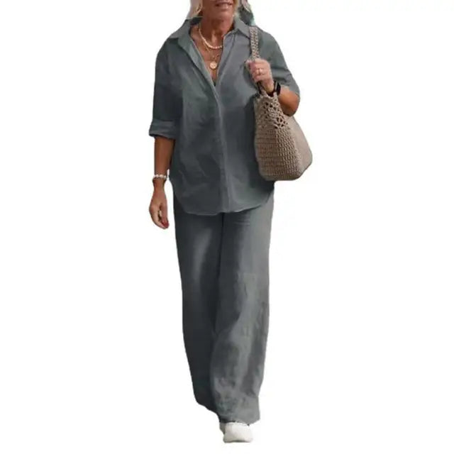 Women’s Linen Two-Piece Set | Button-Down Shirt & Wide-Leg Pants | Breathable Linen Fabric | Comfortable Fit