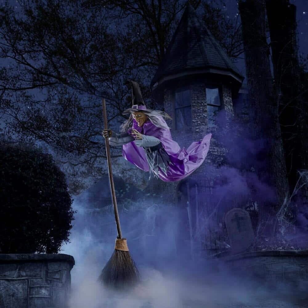 Life-Size Flying Witch Halloween Animatronic with Glowing Eyes and Sounds