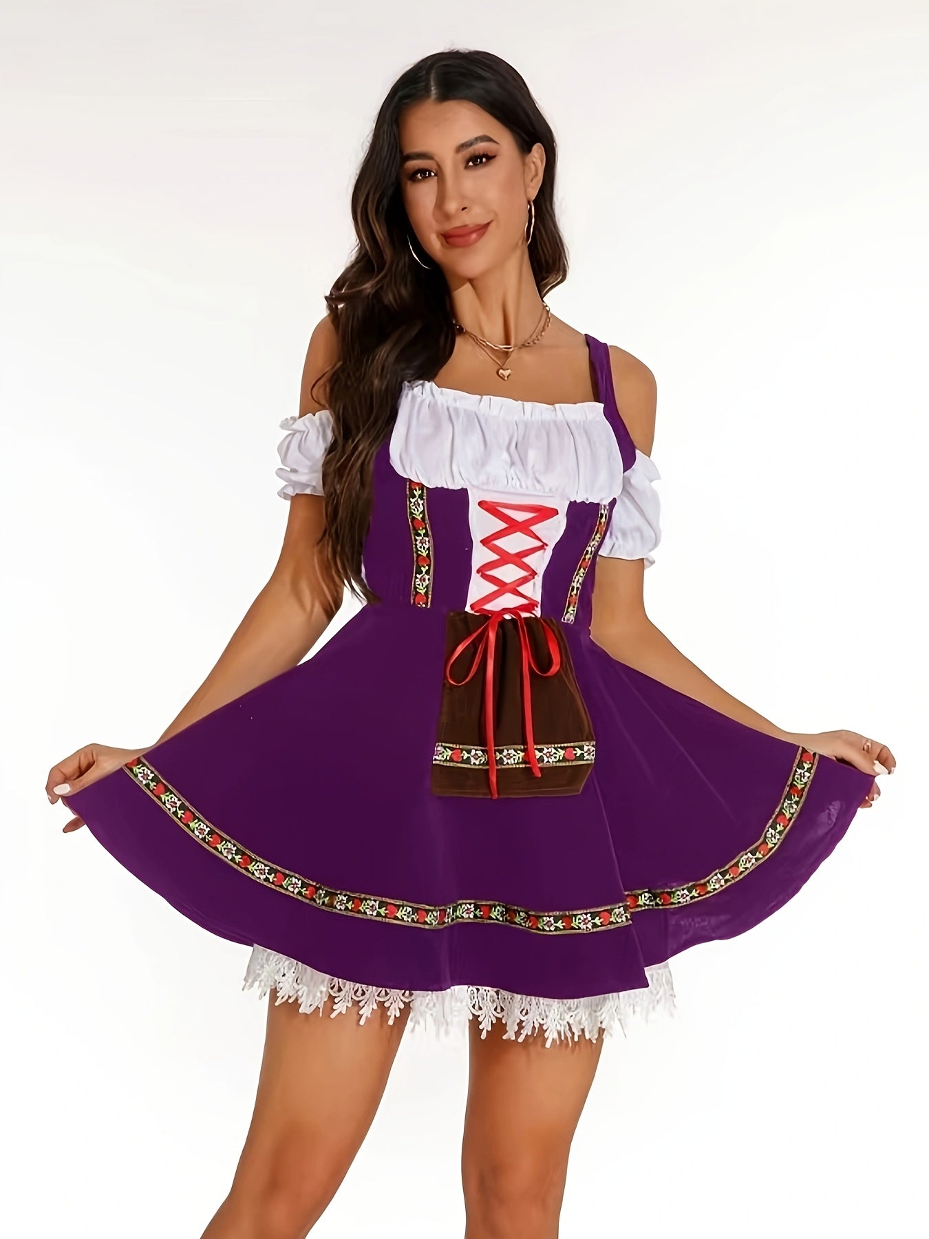 Women's Purple Bavarian Oktoberfest Dress with Floral Embroidery