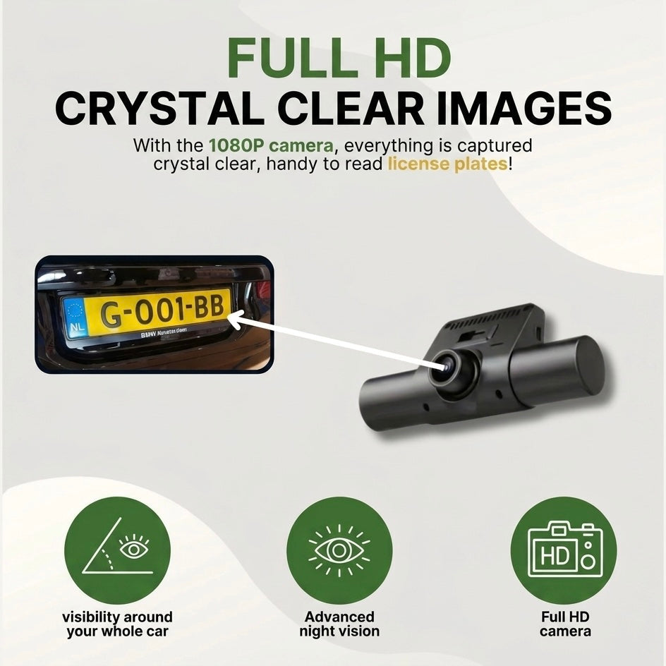 Triple Camera Dashboard Camera | 1080P HD | Front, Rear & Cabin | Smart Parking | Night Vision