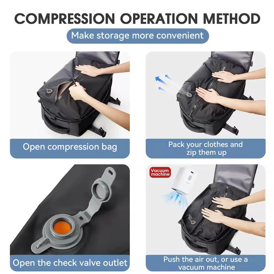 Water-Repellent Oxford Travel Backpack with Vacuum Compression for 17" Laptop and USB Pump