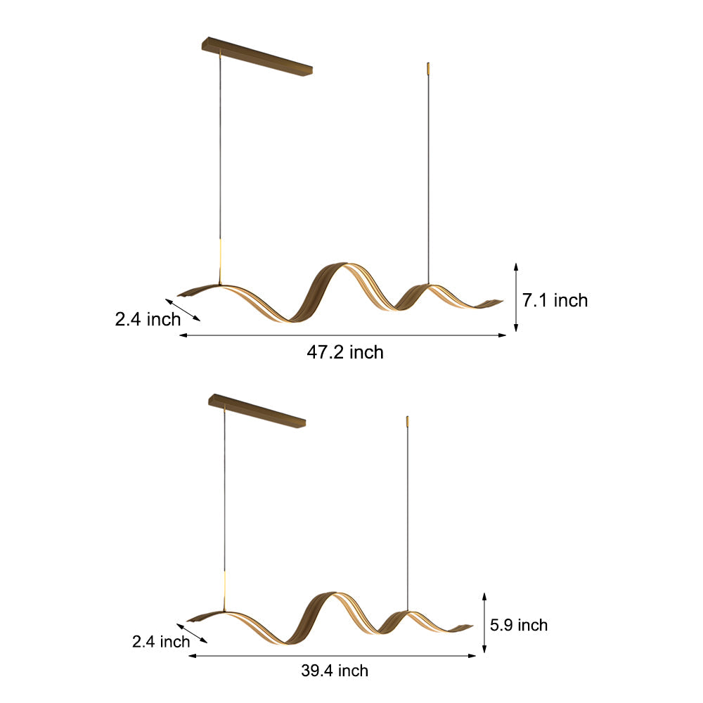 1-Light Elegant Flow Wave Linear LED Brass Pendant Light for Kitchen Island