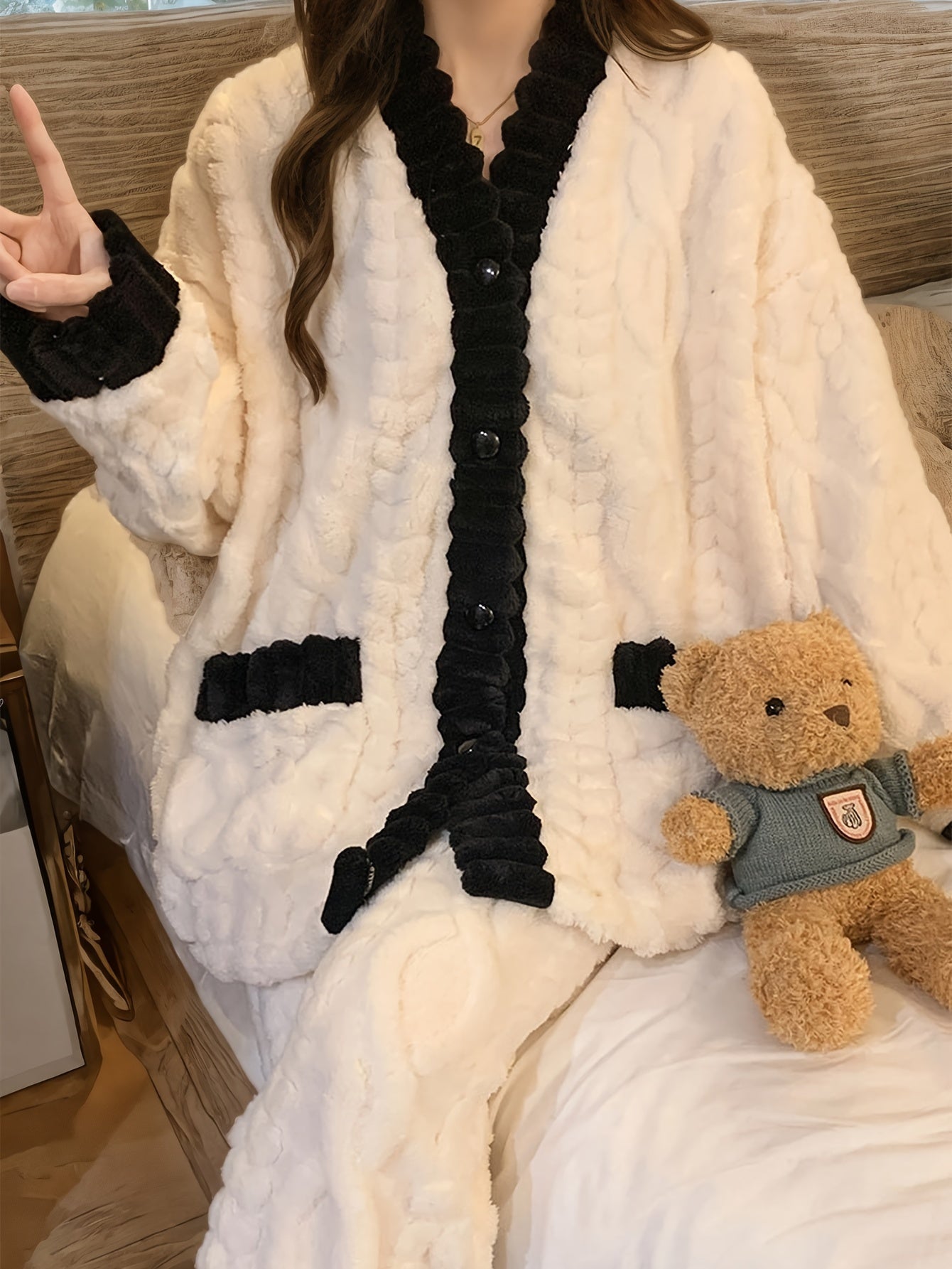 Fleece Lounge Set | V-Neck Button Top | Cozy Winter Warmth | Polyester