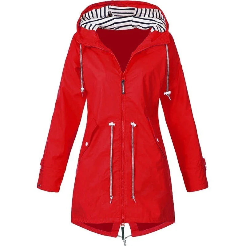 Women’s Waterproof Hooded Trench Coat | Adjustable Waist Drawstring | Zipper & Exterior Pockets | Windproof Protection