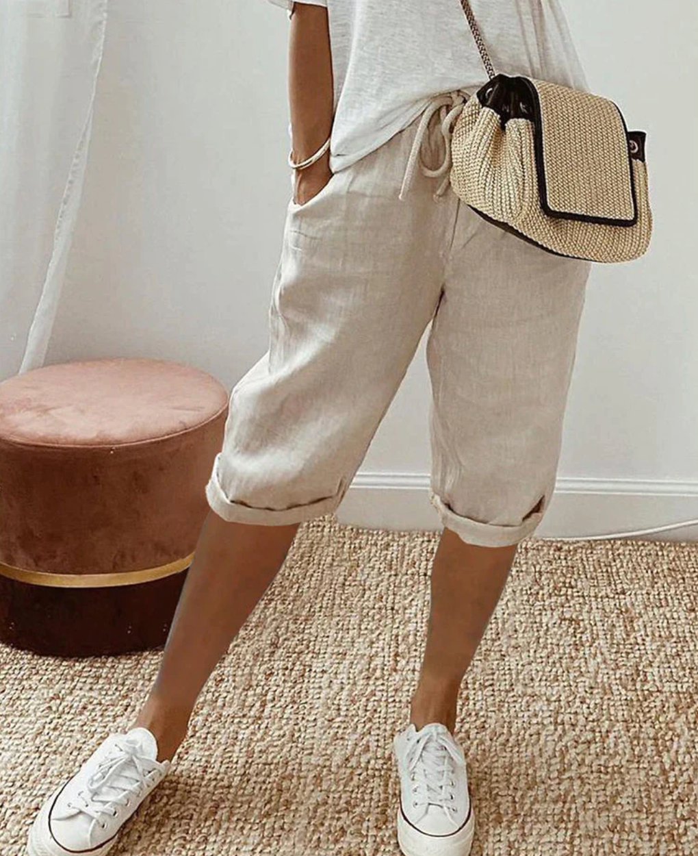 Women’s Linen Knee-Length Shorts | High-Rise Fit & Drawstring Waist | Breathable Stretch Fabric | Versatile Casual Wear