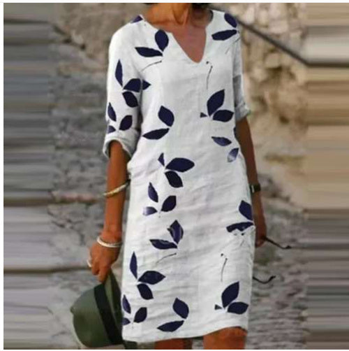 Women's Knee-Length Dress | Timeless V-Neck & 3/4 Sleeves | Polyester Fiber | All-Day Comfort