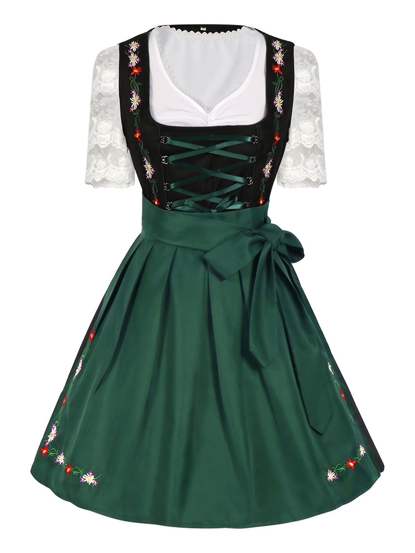 Women's Oktoberfest Dirndl Dress with Lace Blouse – Green Satin