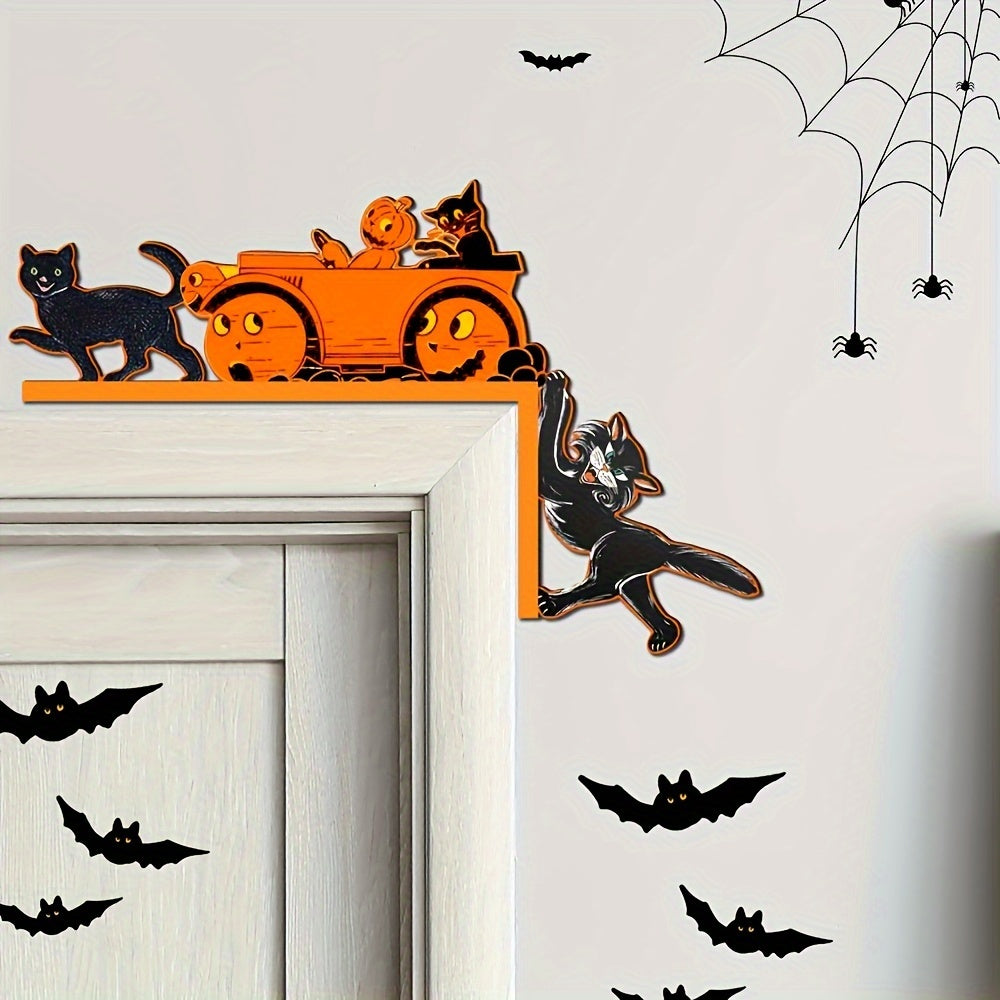 Vintage Wooden Halloween Door Frame Decoration with Witch Hat and Pumpkin