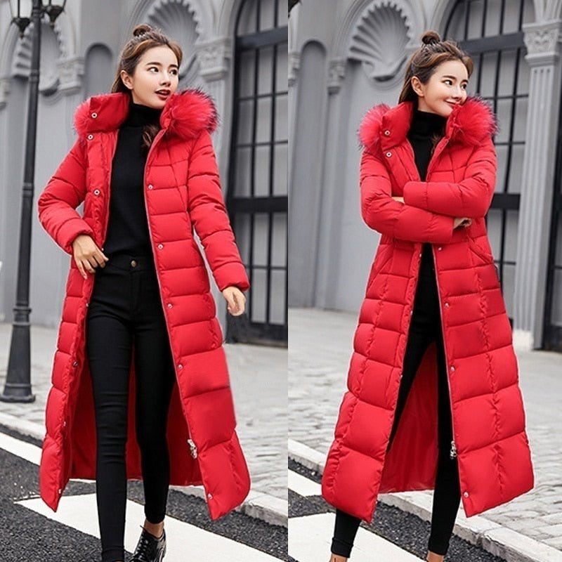 Women's Long Puffer Coat | Fur-Trimmed Hood & Belted Waist | Quilted Insulation | Comfortable Winter Wear