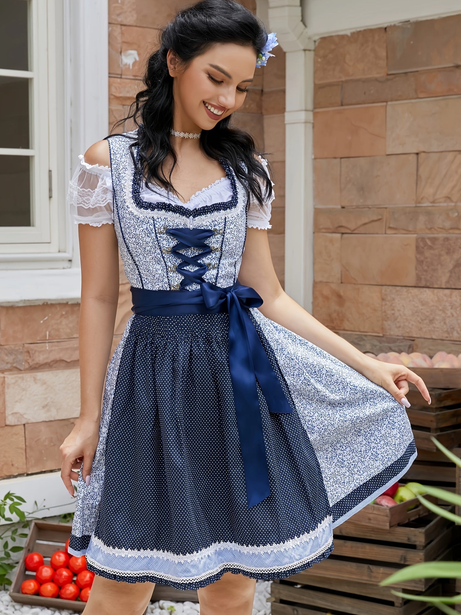 Women's Bavarian Oktoberfest Dress with Floral Embroidery and Satin Corset