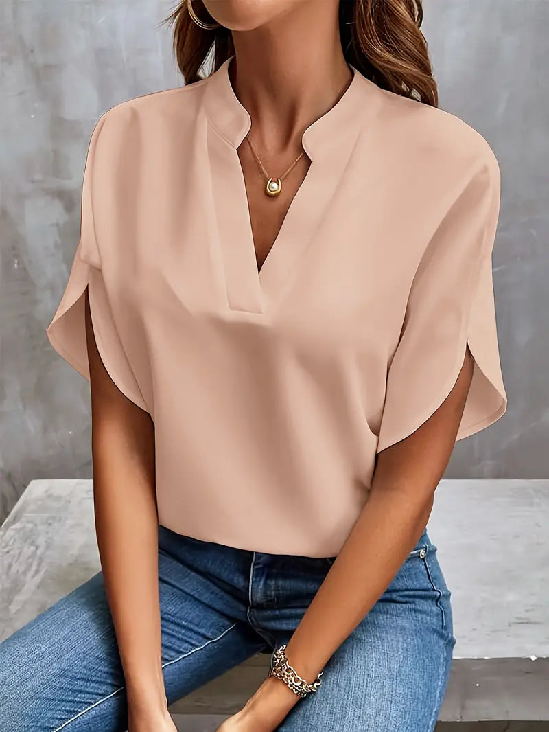 Women's Blouse | Lightweight V-Neck with Split-Sleeve Detailing | Soft Drapable Fabric | Comfortable Fit