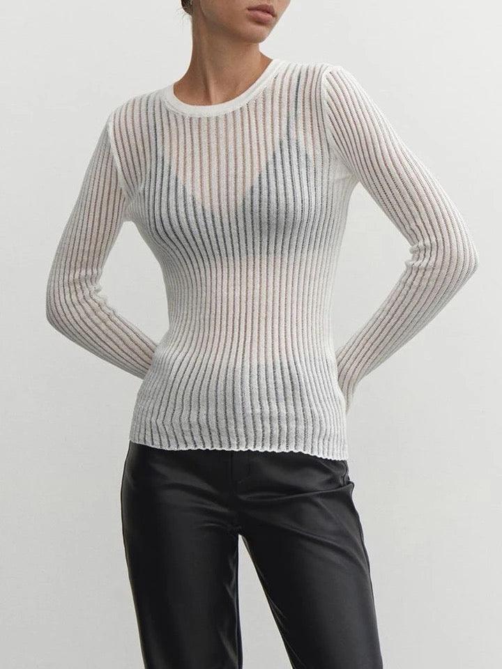 Women's Sheer Long-Sleeve Top | Rib-Knit Transparent Design | High-Quality Fabric | Versatile Layering