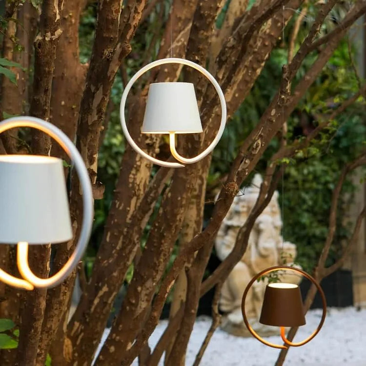 Rechargeable Pendant Light | Circular Ring Frame & Cone Shade | Aluminum & Iron | Warm Ambient Lighting