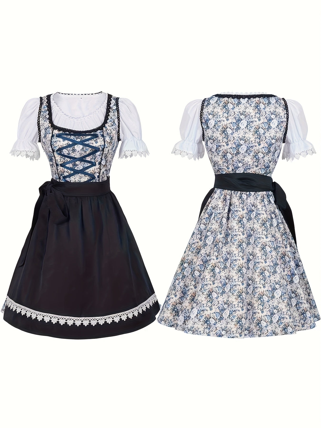 Women's Bavarian Dirndl Dress with Floral Print and Puff Sleeves for Oktoberfest