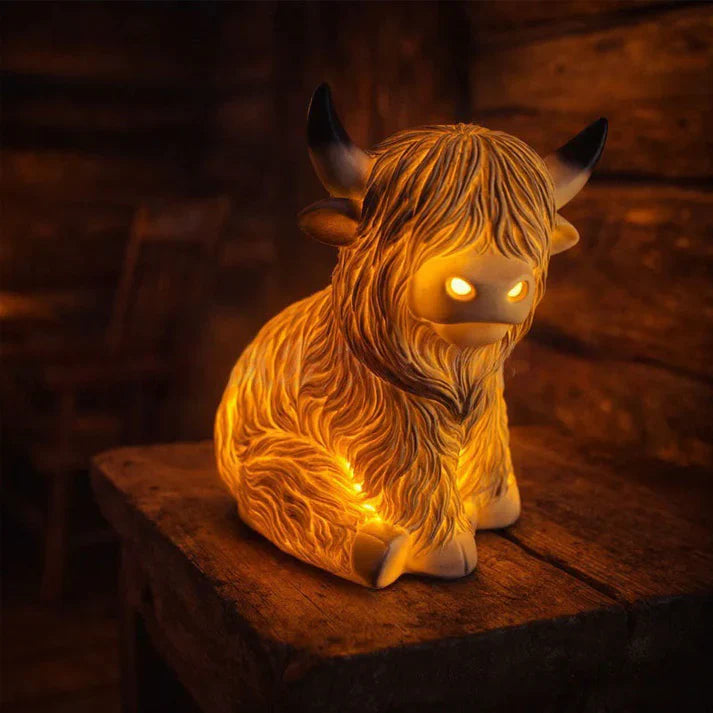 Resin Night Lamp featuring Highland Cow Design – Warm Amber Glow